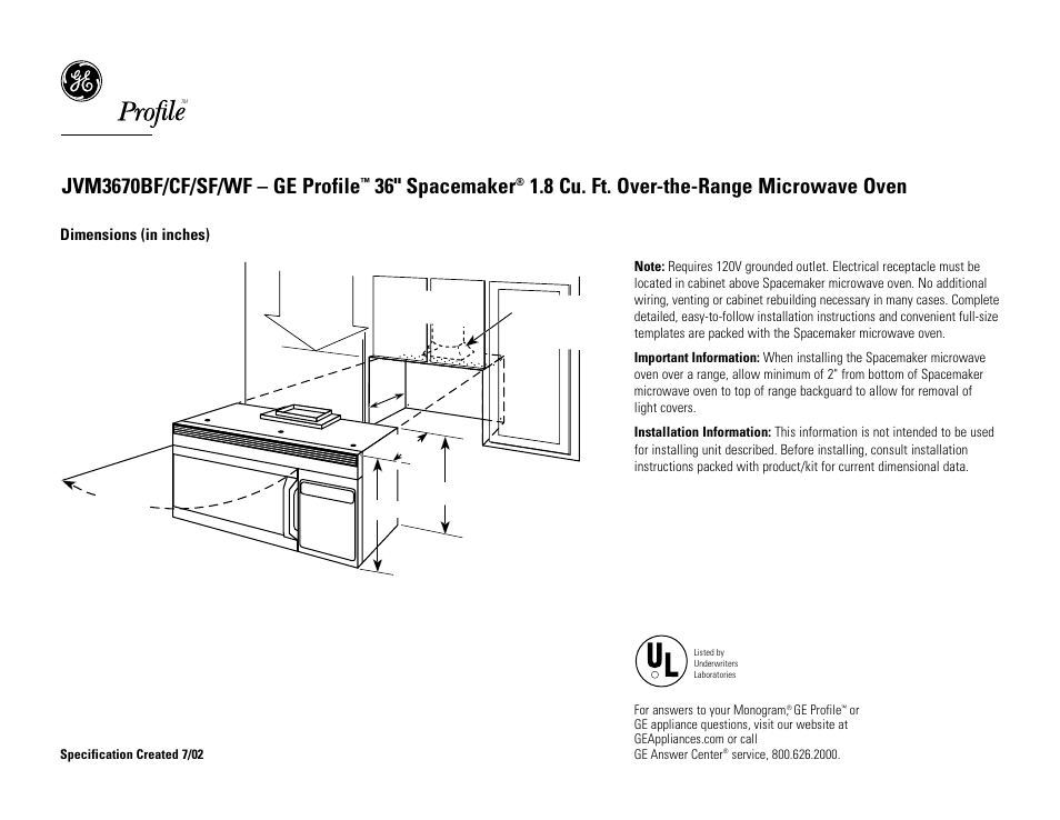 GE SPACEMAKER JVM3670CF User Manual | 3 pages