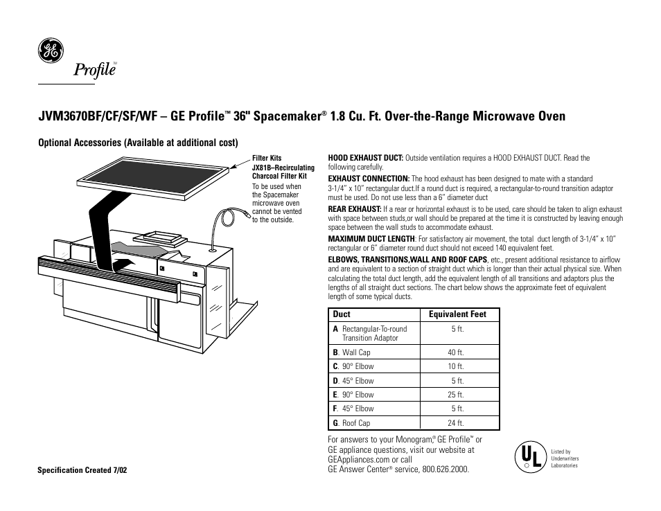 Jvm3670bf/cf/sf/wf – ge profile, 36" spacemaker, 8 cu. ft. over-the-range microwave oven | GE SPACEMAKER JVM3670CF User Manual | Page 2 / 3