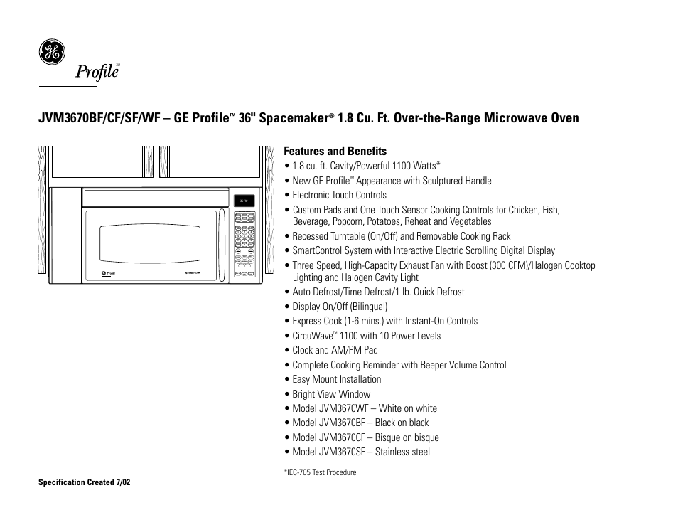 Jvm3670bf/cf/sf/wf – ge profile, 36" spacemaker, 8 cu. ft. over-the-range microwave oven | Features and benefits | GE SPACEMAKER JVM3670CF User Manual | Page 3 / 3