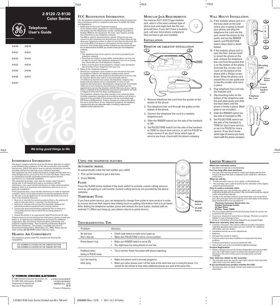 GE 20909690 User Manual | 2 pages