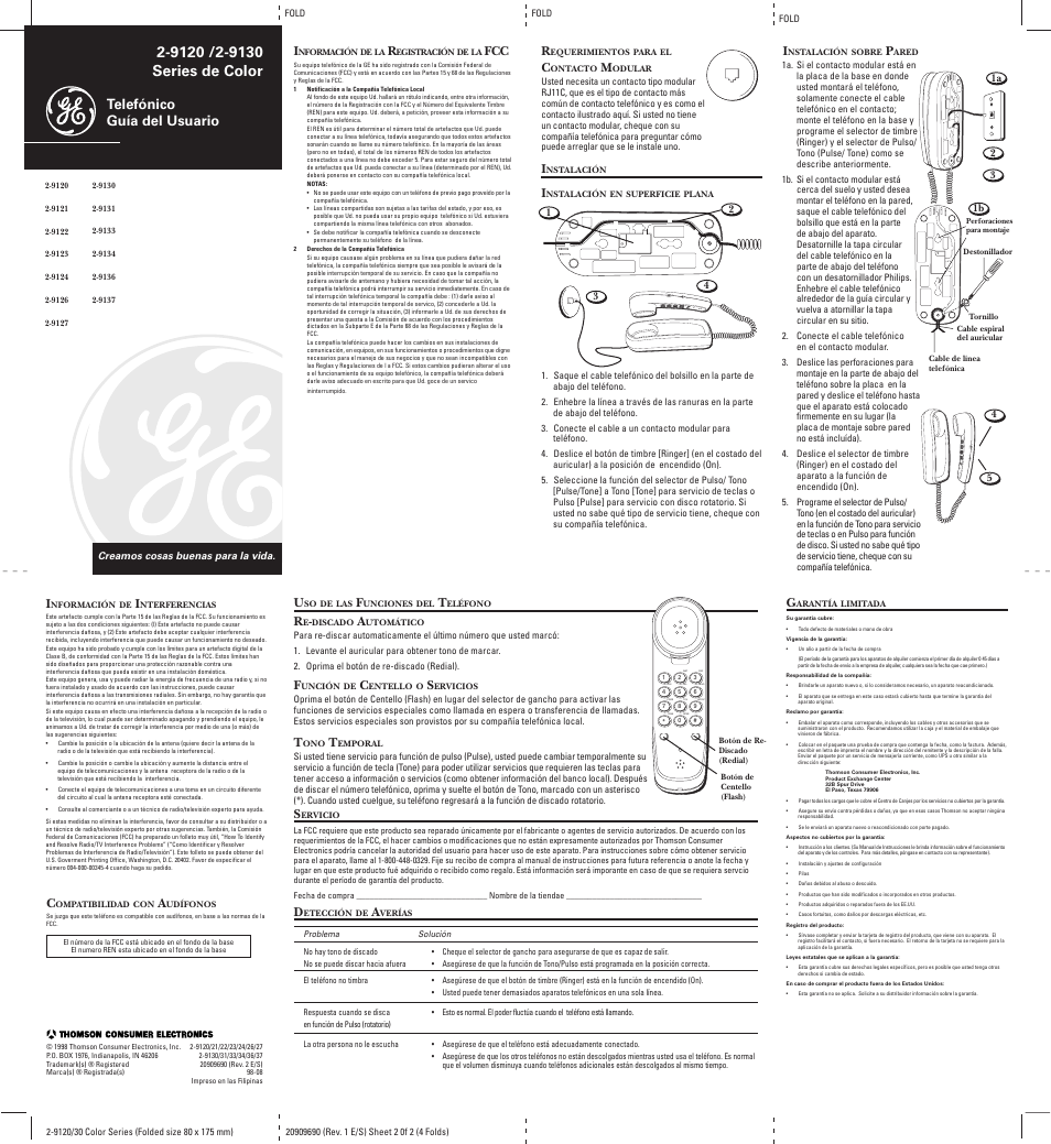 On off ringer tone pulse, Telefónico guía del usuario | GE 20909690 User Manual | Page 2 / 2