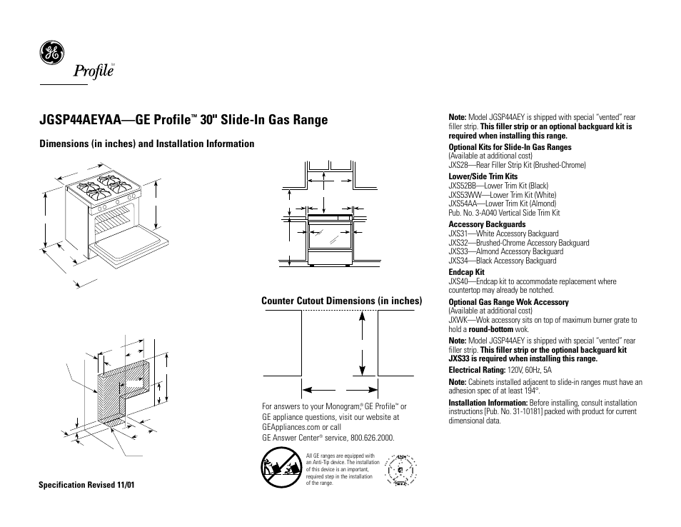 GE Profile JGSP44AEYAA User Manual | 2 pages