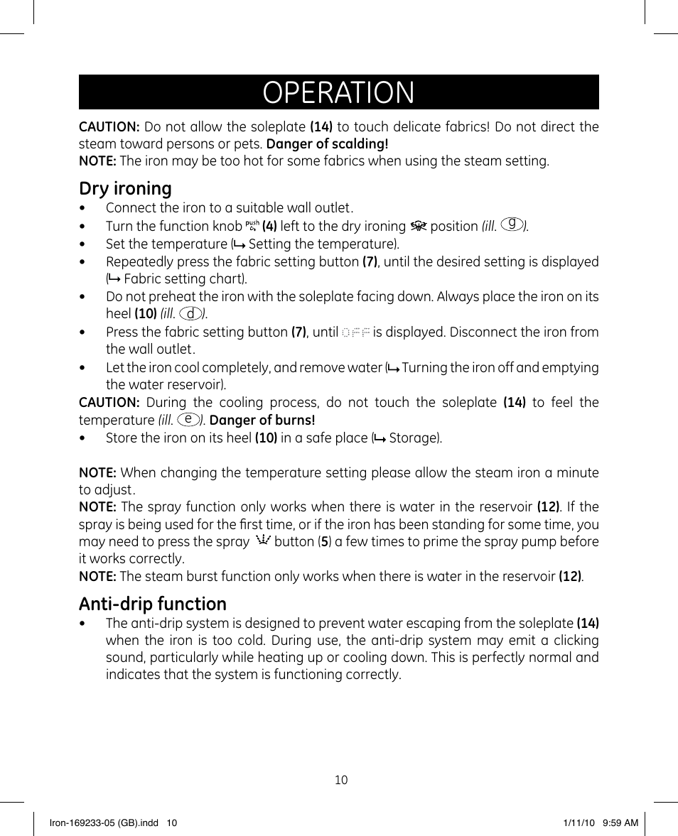 Operation, Dry ironing, Anti-drip function | GE 169233 User Manual | Page 10 / 15