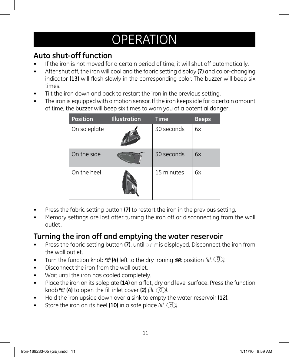 Operation, Auto shut-off function | GE 169233 User Manual | Page 11 / 15