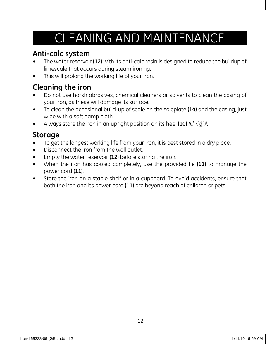 Cleaning and maintenance, Anti-calc system, Cleaning the iron | Storage | GE 169233 User Manual | Page 12 / 15