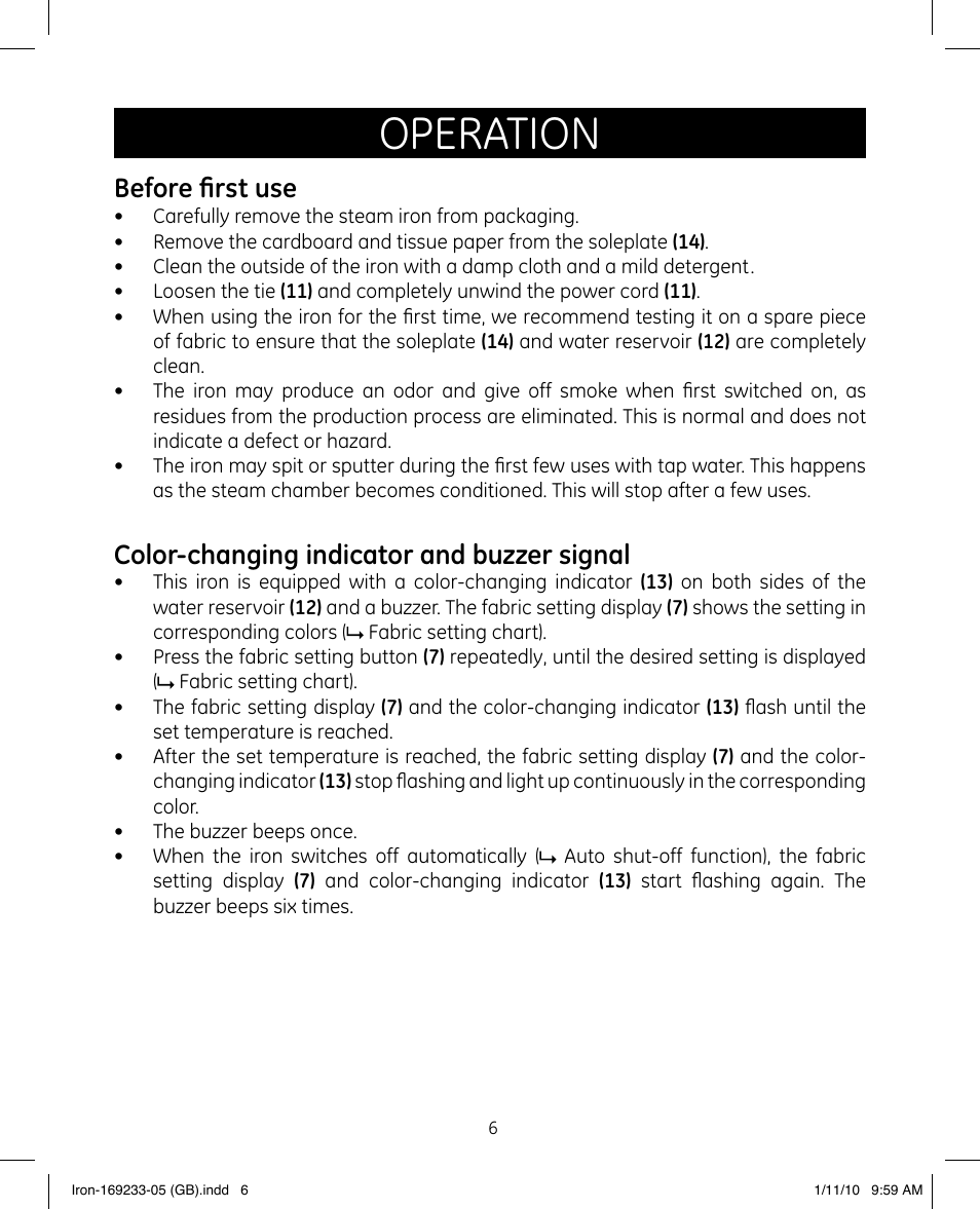 Operation, Before first use, Color-changing indicator and buzzer signal | GE 169233 User Manual | Page 6 / 15
