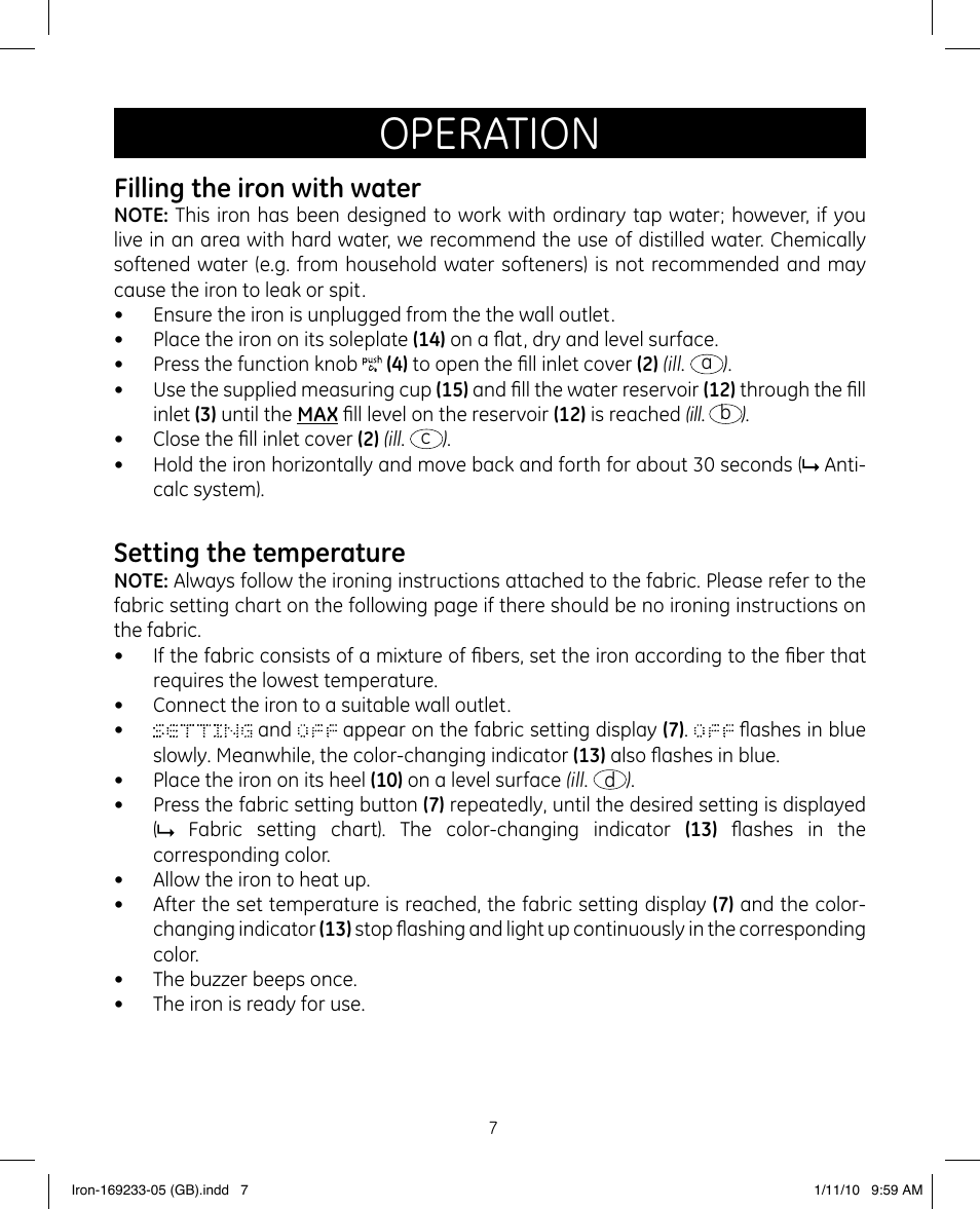 Operation, Filling the iron with water, Setting the temperature | GE 169233 User Manual | Page 7 / 15