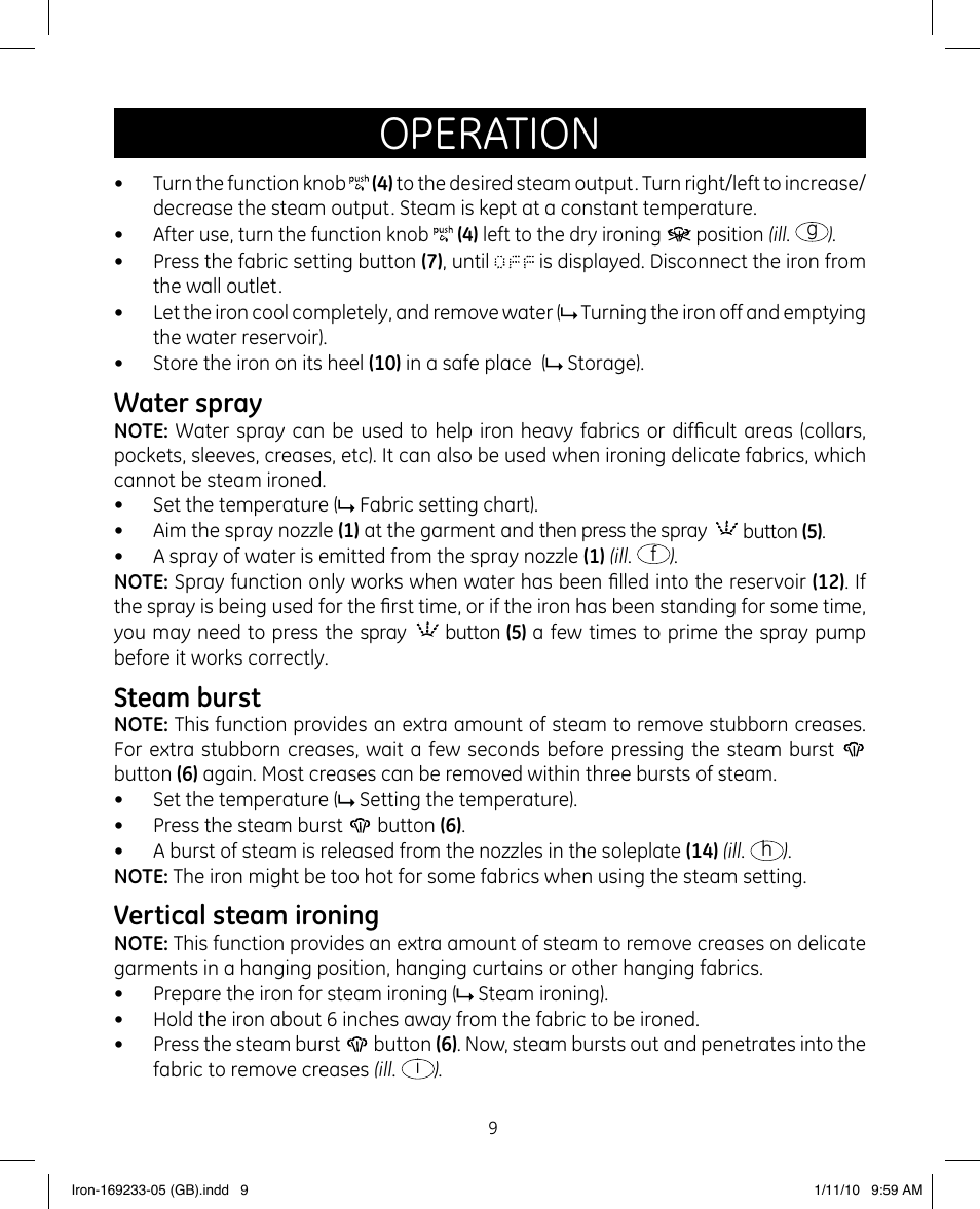 Operation, Water spray, Steam burst | Vertical steam ironing | GE 169233 User Manual | Page 9 / 15