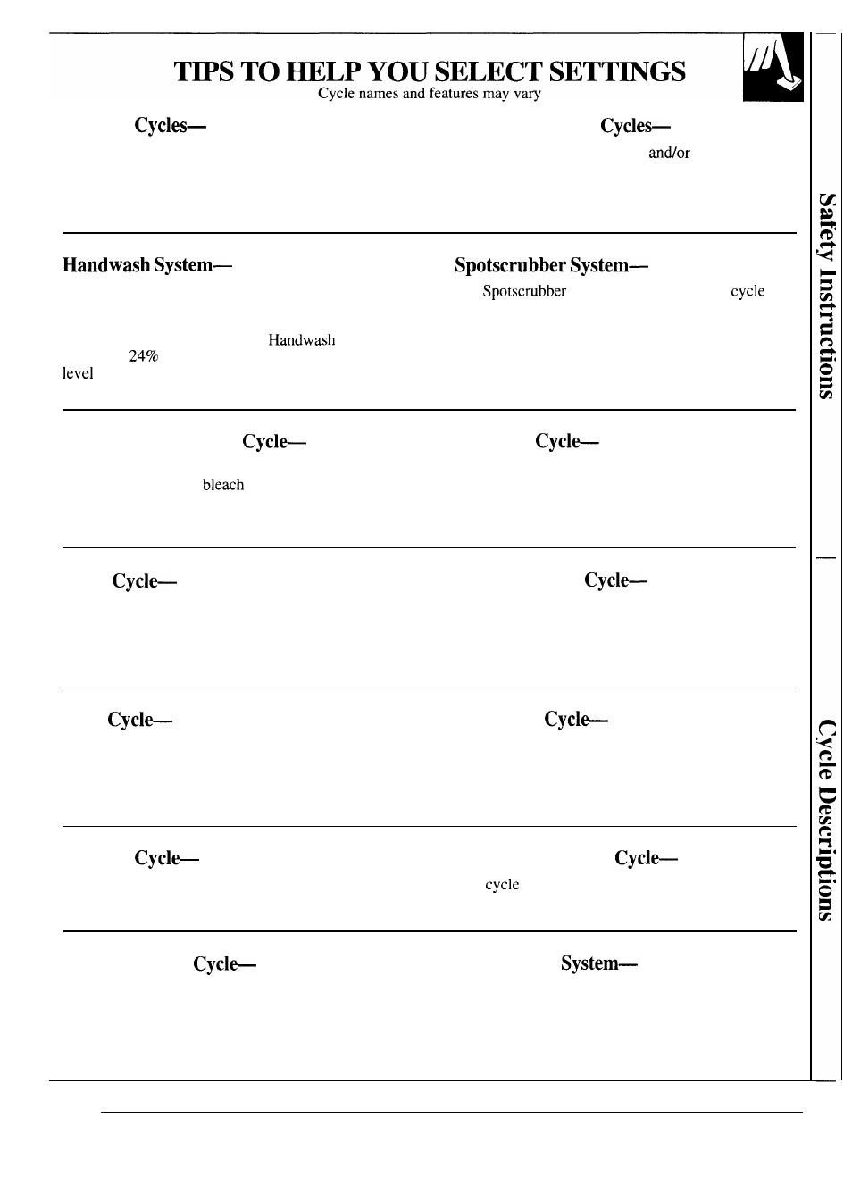 Regular permanent press, Optional extra rinse prewash, Knits extra cleaning | Soak auto soak, Delicate washable woolens, Washable silks mini-basket | GE WA8607SCL User Manual | Page 5 / 24
