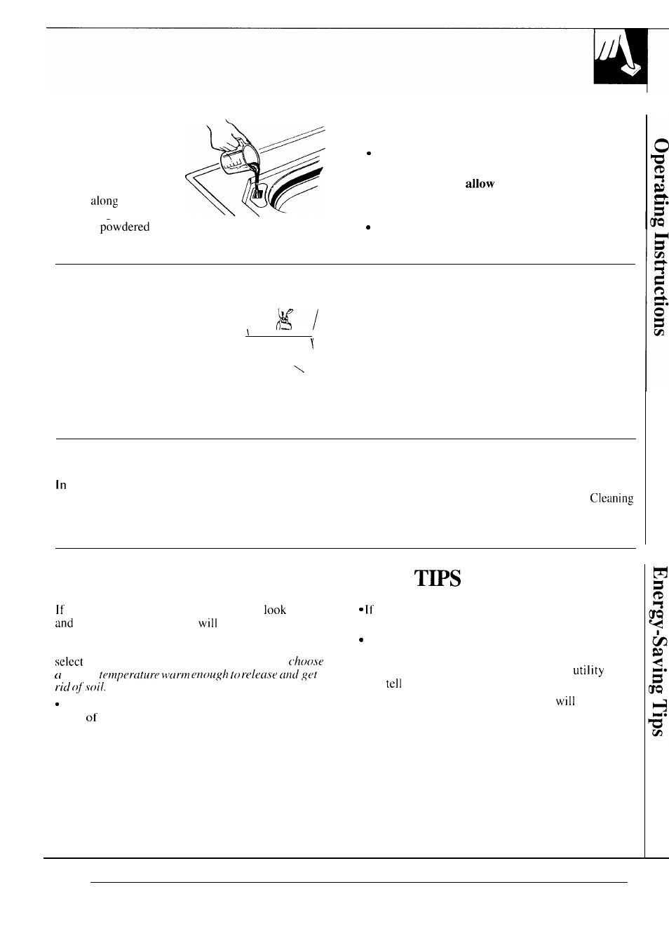 Operating instructions, tips, Auto soak cycle, Bleach dispenser | Energy-saving, How to use the bleach dispenser, How to use the fabric softener dispenser, How to use the auto soak cycle | GE WA8607SCL User Manual | Page 7 / 24