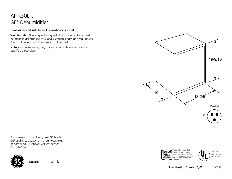 GE AHK30LK User Manual | 2 pages