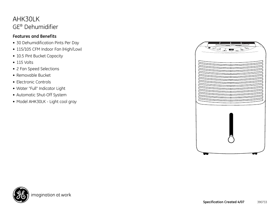 Ahk30lk, Dehumidifier | GE AHK30LK User Manual | Page 2 / 2