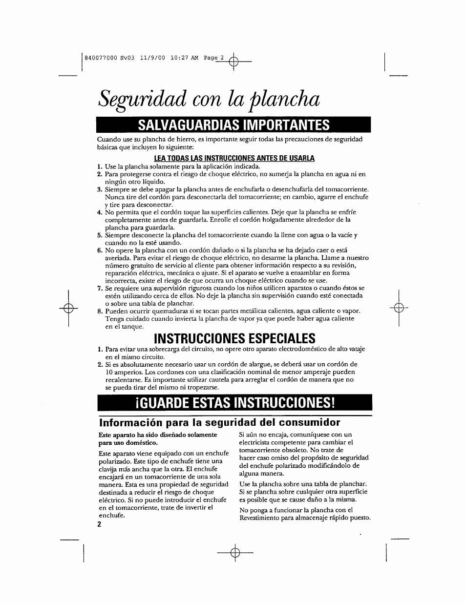 Lea todas las instrucciones antes de usarla, Seguridad con la plancha, Salvaguardias importantes | Instrucciones especiales, Guarde estas instrucciones | GE 106761 User Manual | Page 10 / 16
