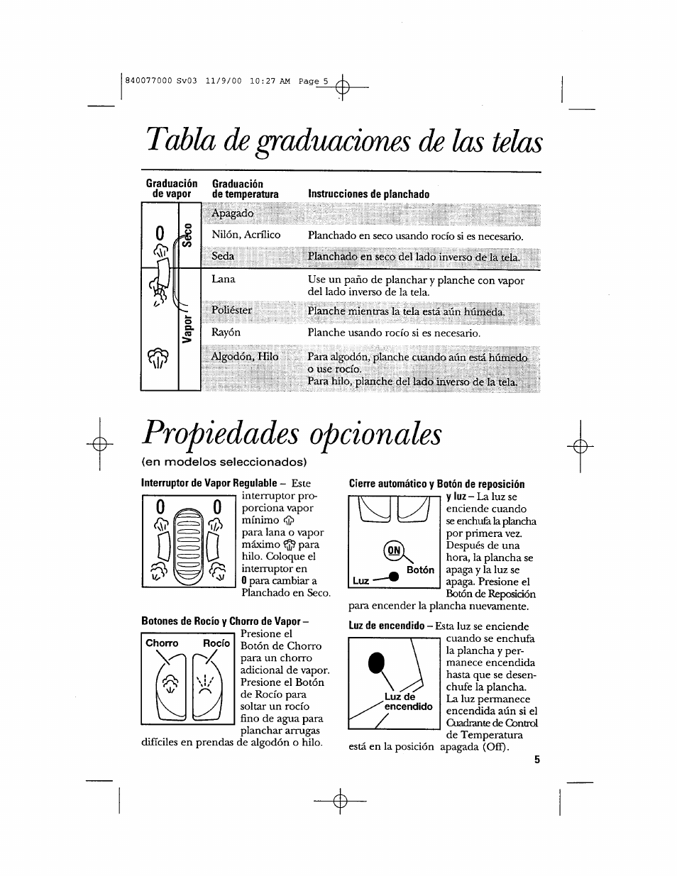 Instrucciones de planchado, En modelos seleccionados), Botones de rocío y chorro de vapor | Cierre automático y botón de reposición, Tabla de graduaciones de las telas, Propiedades opcionales | GE 106761 User Manual | Page 13 / 16