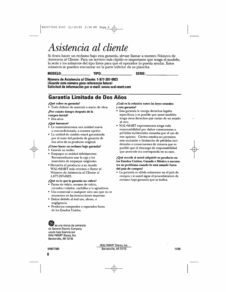 Modelo, Tipo, Serie | Asistencia al cliente, Garantía limitada de dos años | GE 106761 User Manual | Page 16 / 16