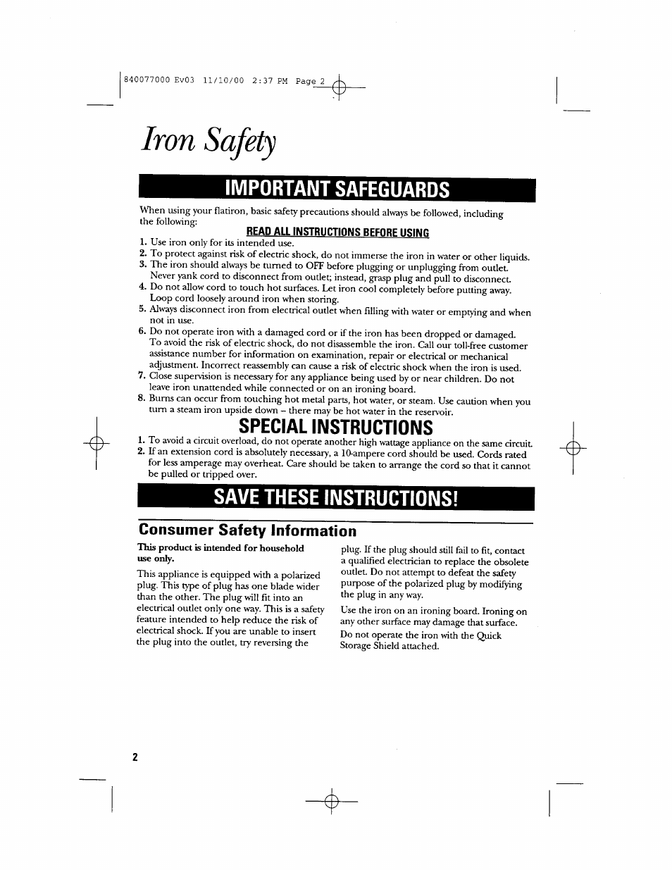 Read all instructions before using, Iron safety, Important safeguards | Special instructions, Save these instructions | GE 106761 User Manual | Page 2 / 16