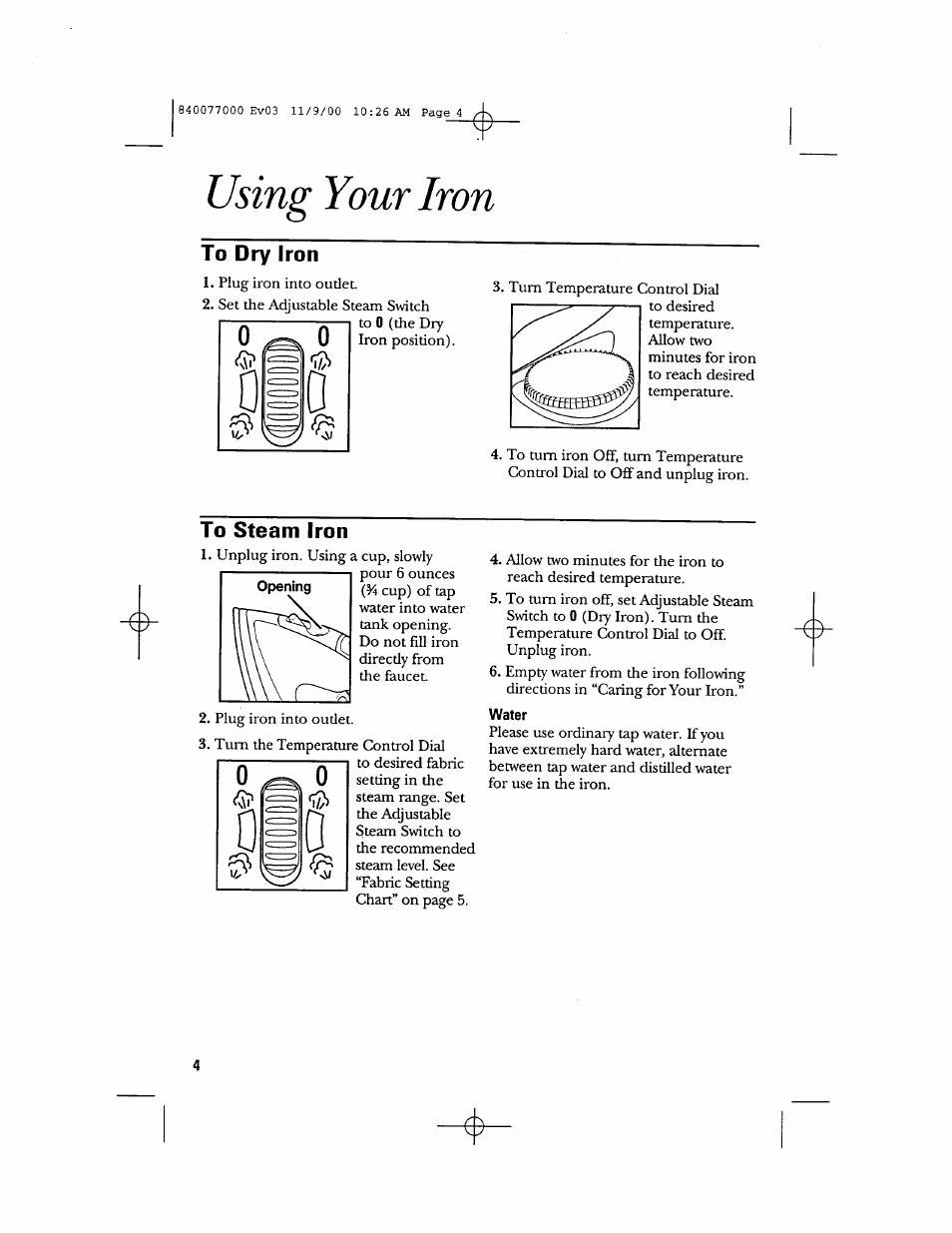 Water, Using your iron | GE 106761 User Manual | Page 4 / 16