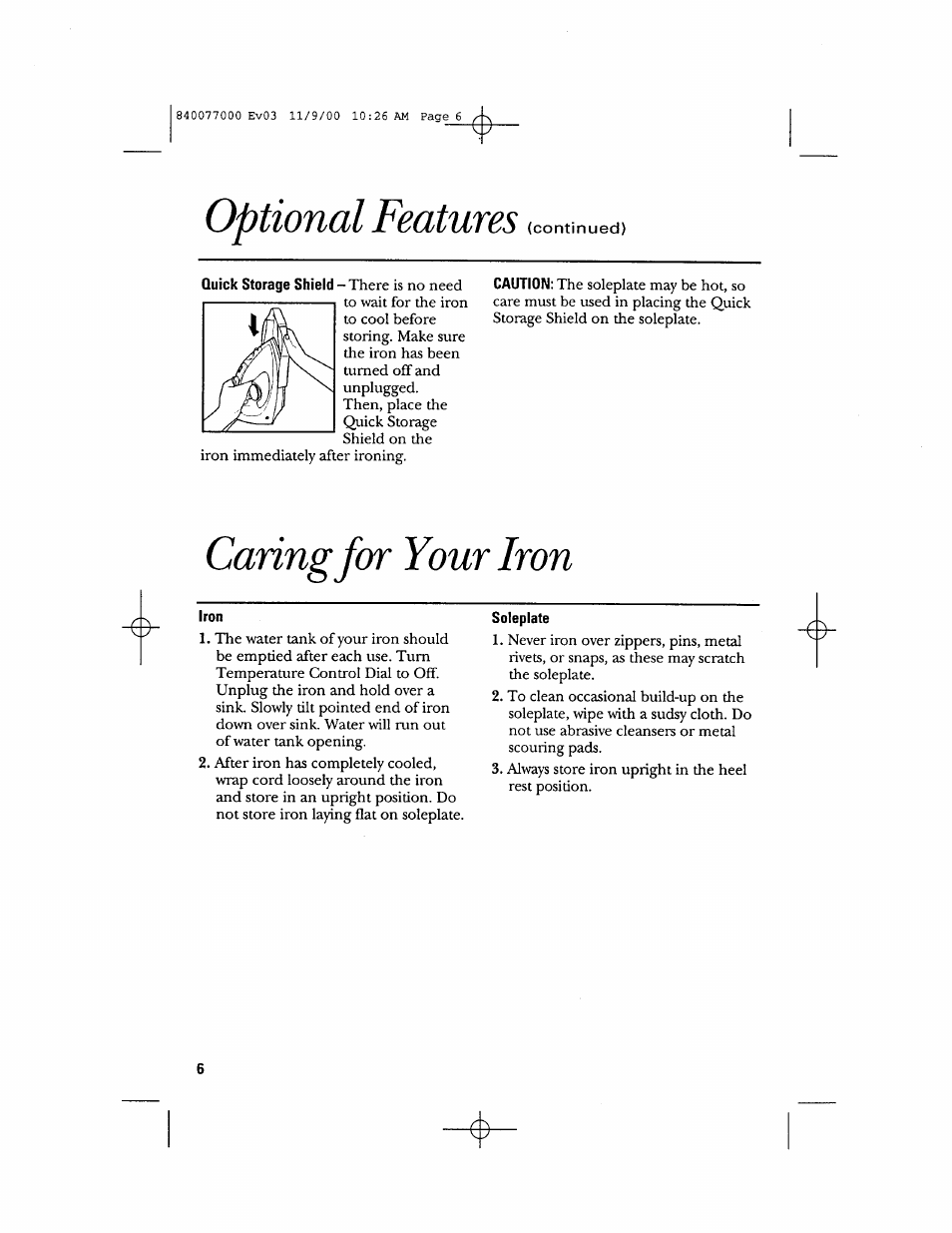 Iron, Soleplate, Optional features | Caring for your iron | GE 106761 User Manual | Page 6 / 16