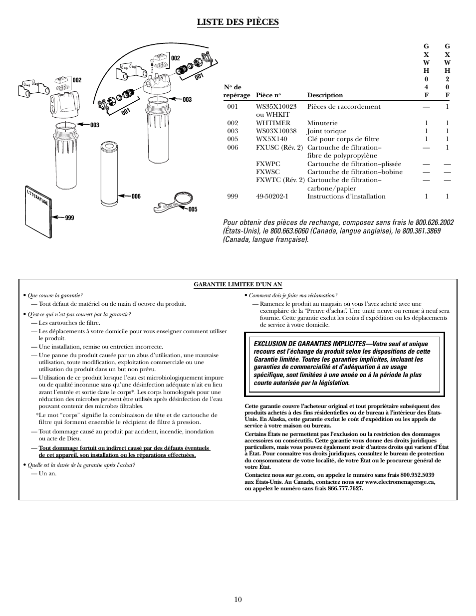 Liste des pièces, Garantie limitee d’un an | GE SmartWater GXWH04F User Manual | Page 10 / 16