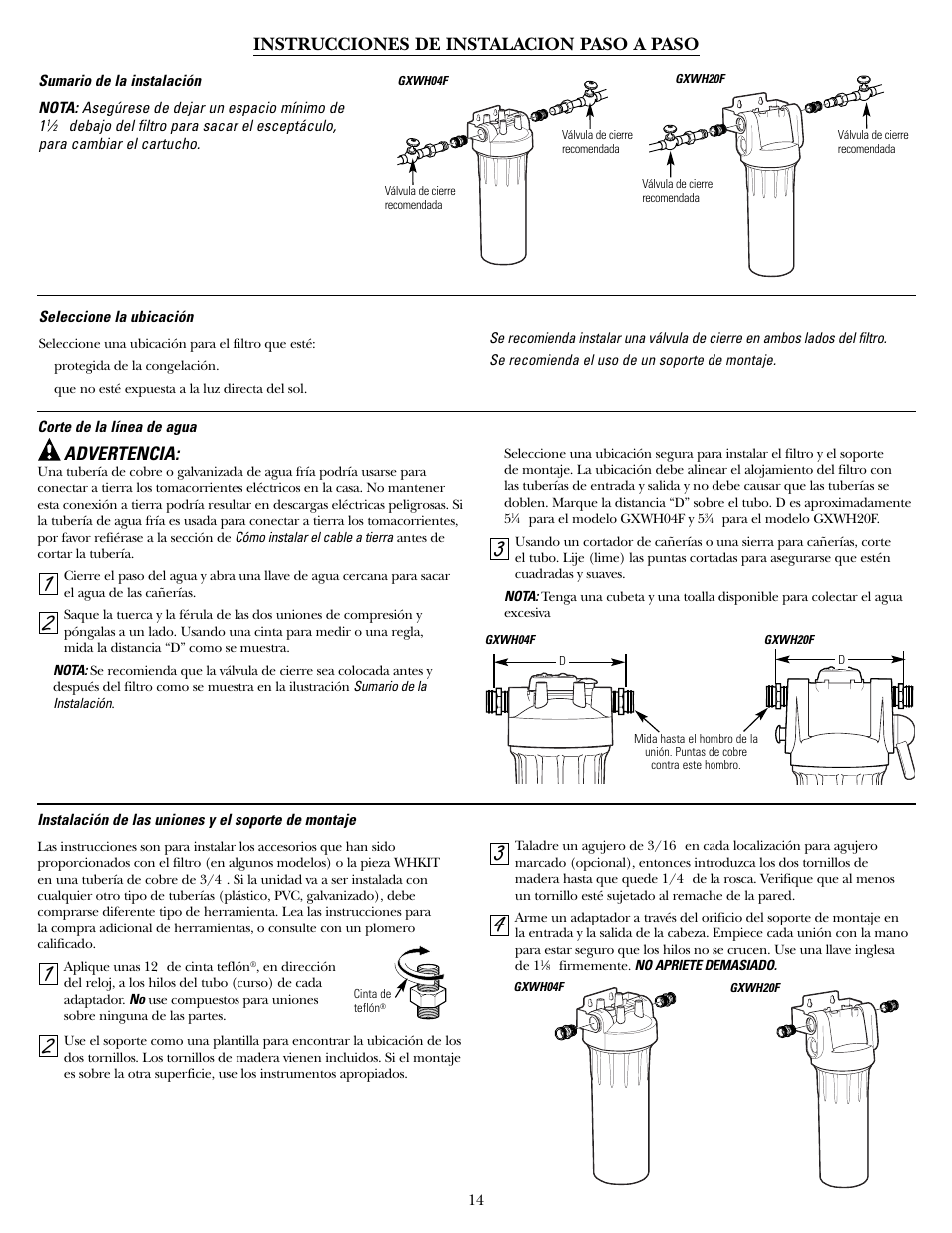 Instrucciones de instalacion paso a paso, Advertencia | GE SmartWater GXWH04F User Manual | Page 14 / 16