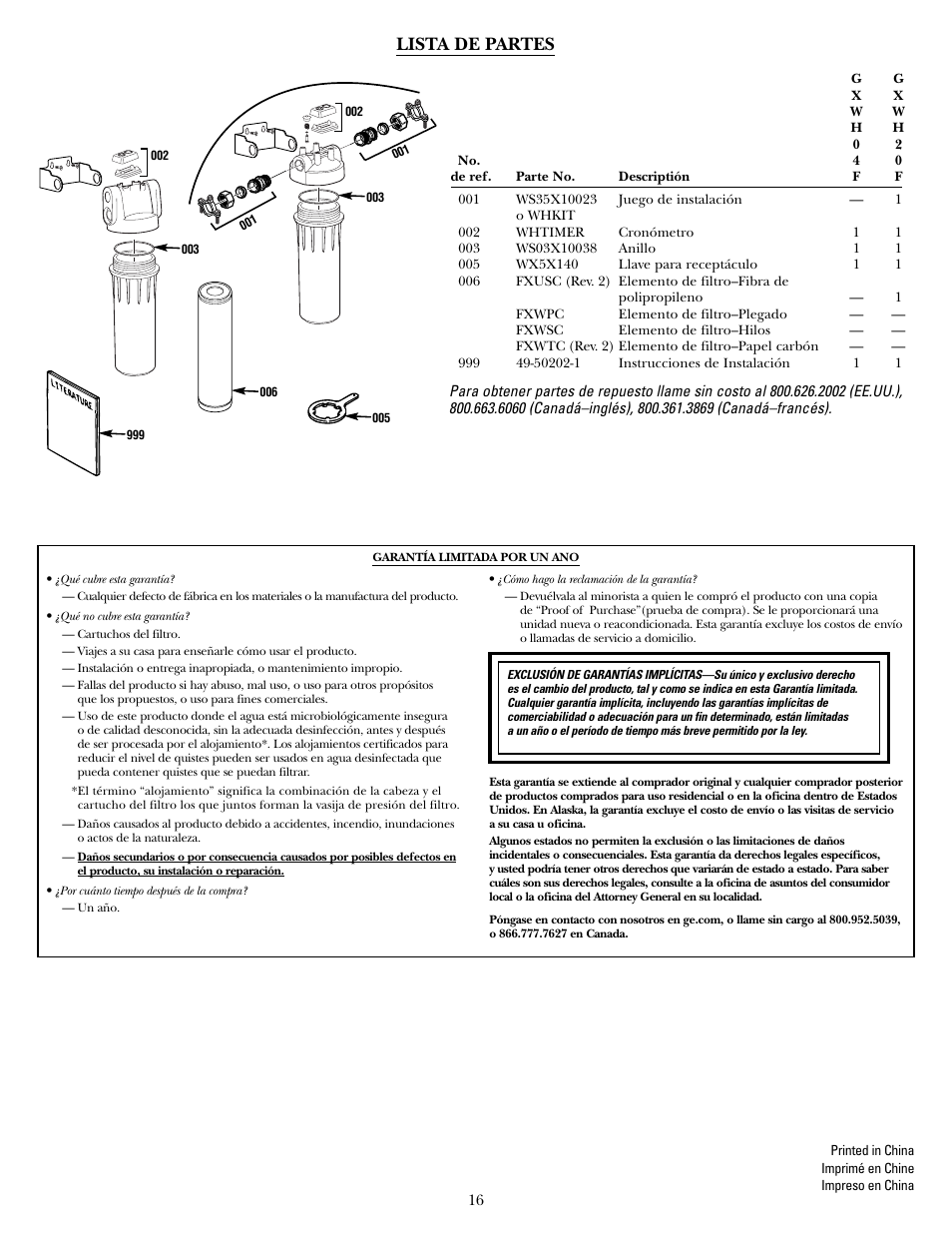 Lista de partes, Garantía limitada por un ano | GE SmartWater GXWH04F User Manual | Page 16 / 16