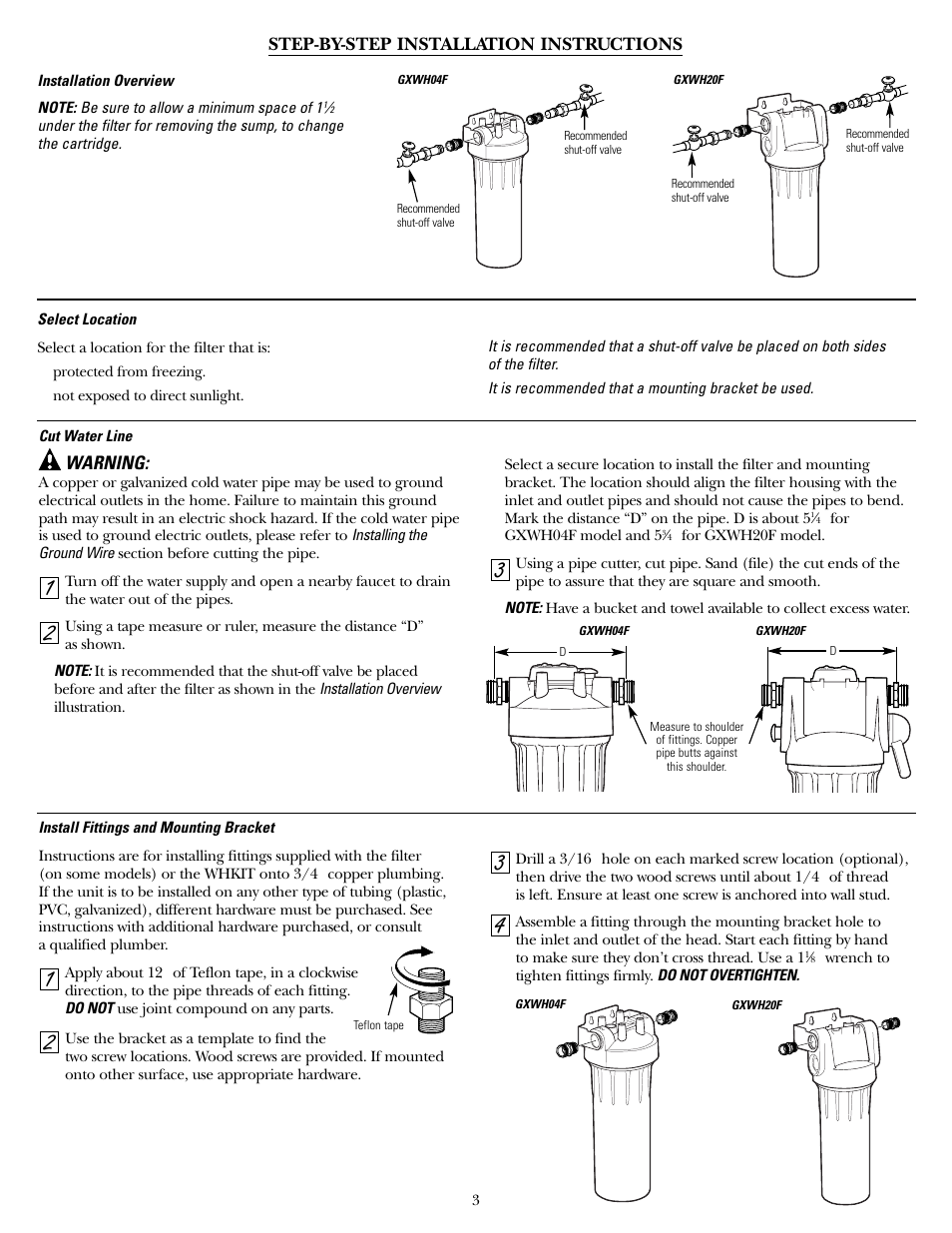 Step-by-step installation instructions, Warning | GE SmartWater GXWH04F User Manual | Page 3 / 16