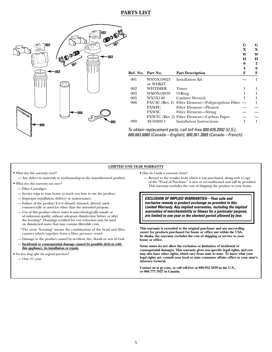 Parts list, Warranty | GE SmartWater GXWH04F User Manual | Page 5 / 16