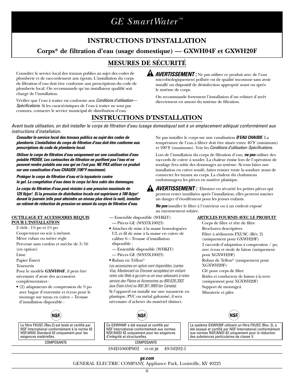 Mesures de sécurité, Instructions d’installation, Articles fournis avec le produit | Ge smar twater, Avertissement | GE SmartWater GXWH04F User Manual | Page 6 / 16