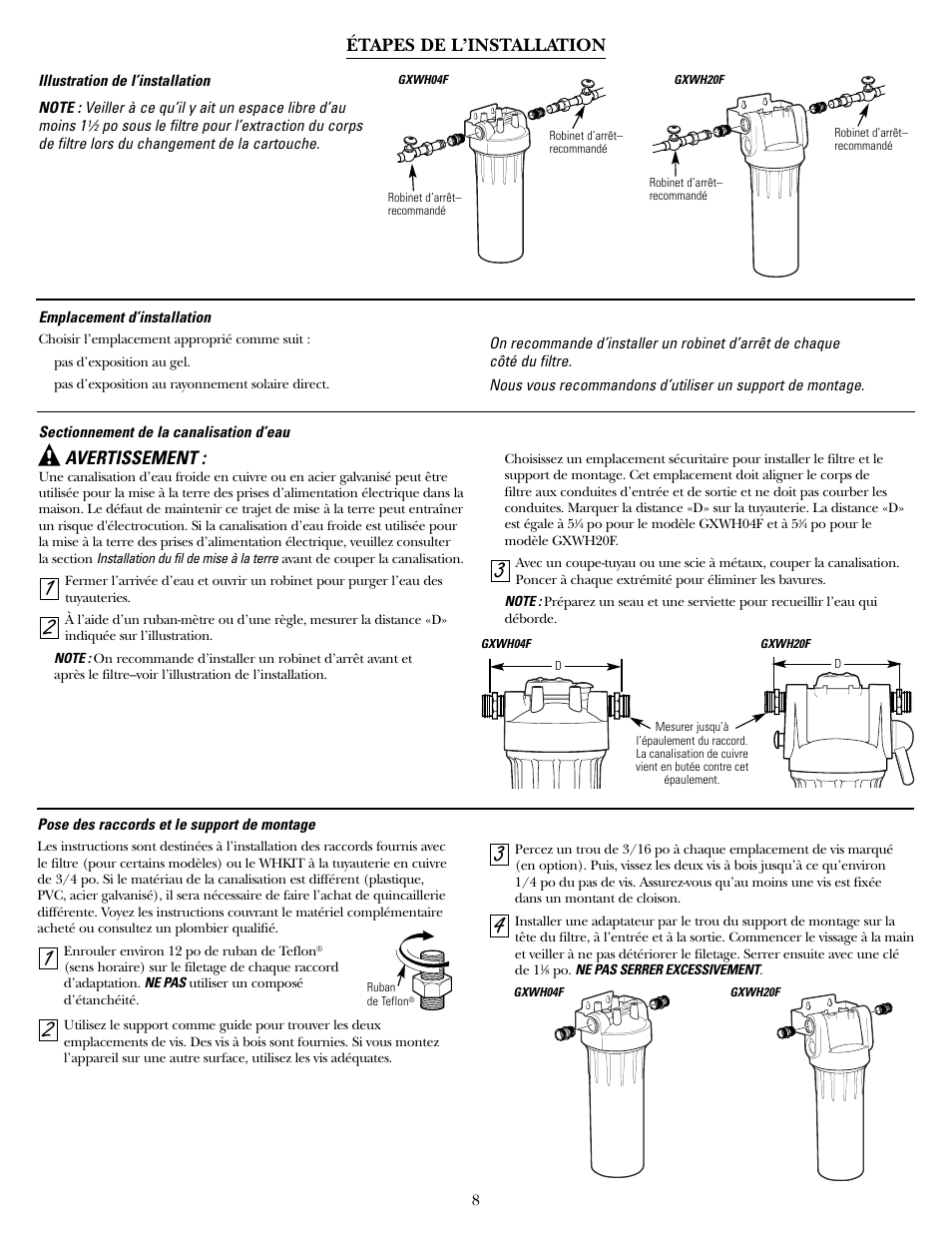 Étapes de l’installation, Avertissement | GE SmartWater GXWH04F User Manual | Page 8 / 16