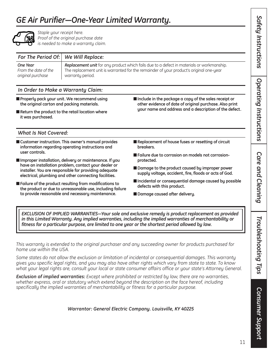 Warranty, Ge air purifier—one-year limited warranty | GE AFHC09AM User Manual | Page 11 / 36