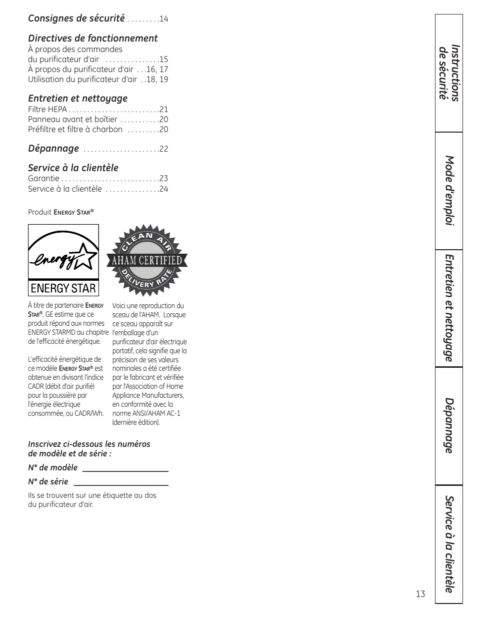 French, Directives de fonctionnement, Entretien et nettoyage | Service à la clientèle | GE AFHC09AM User Manual | Page 13 / 36