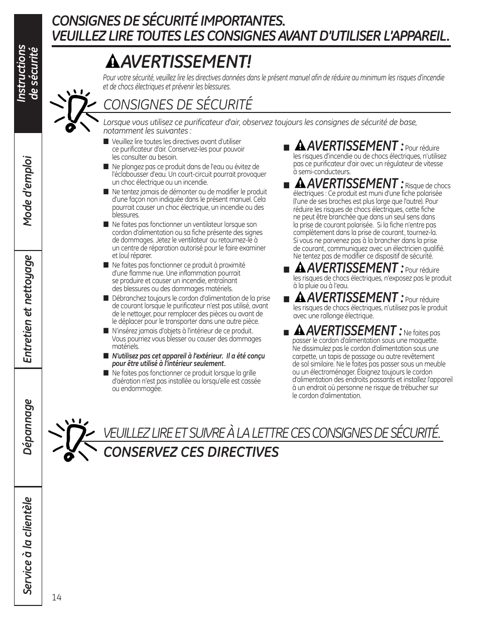 Consignes de sécurité, Avertissement | GE AFHC09AM User Manual | Page 14 / 36