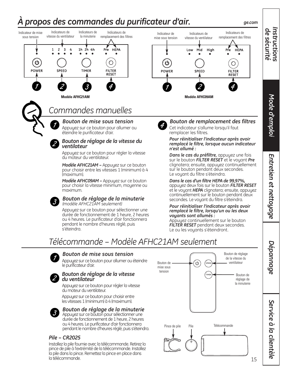 À propos des commandes du purificateur d’air | GE AFHC09AM User Manual | Page 15 / 36