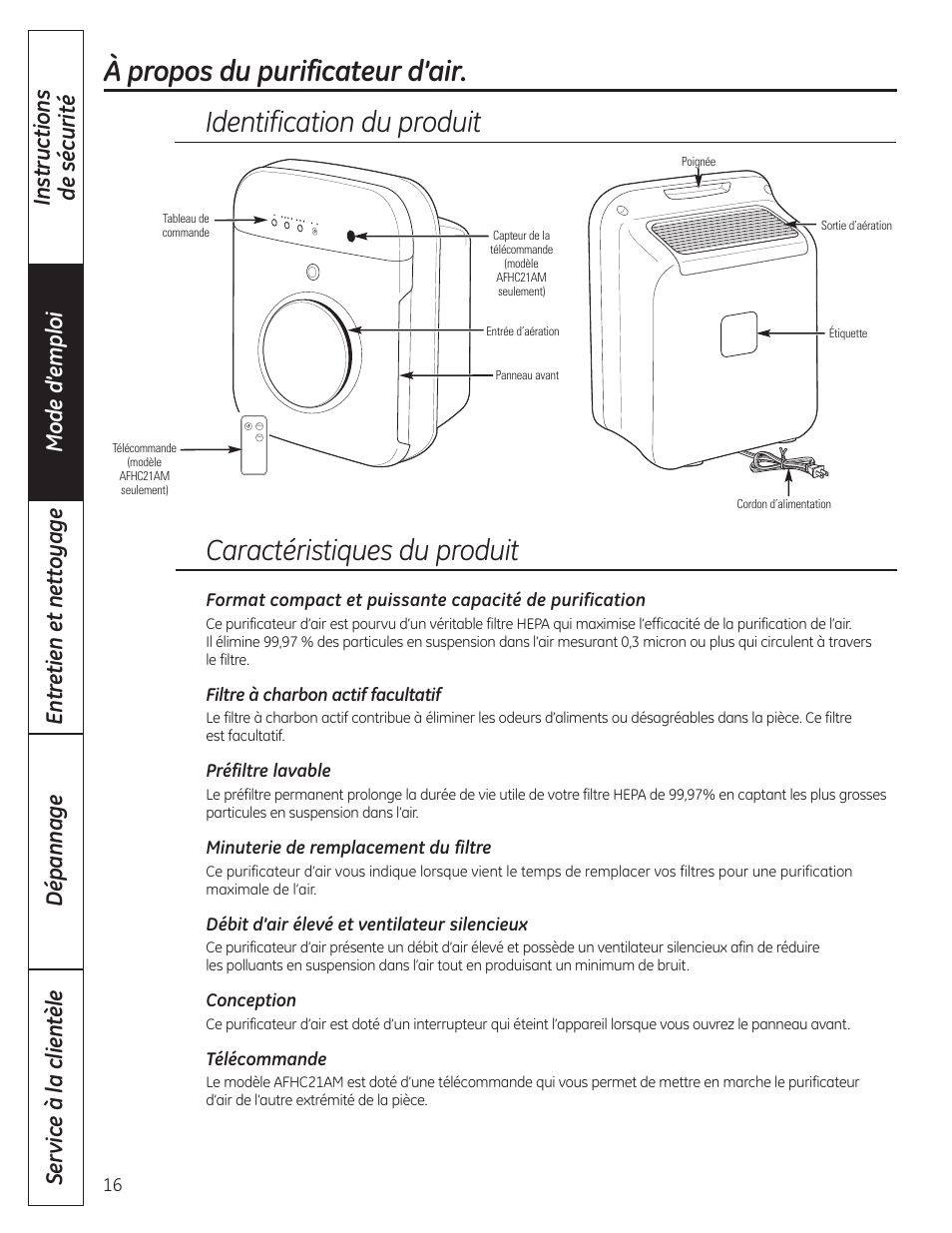 À propos du purificateur d’air, À propos du purificateur d’air , 17, Identification du produit | GE AFHC09AM User Manual | Page 16 / 36