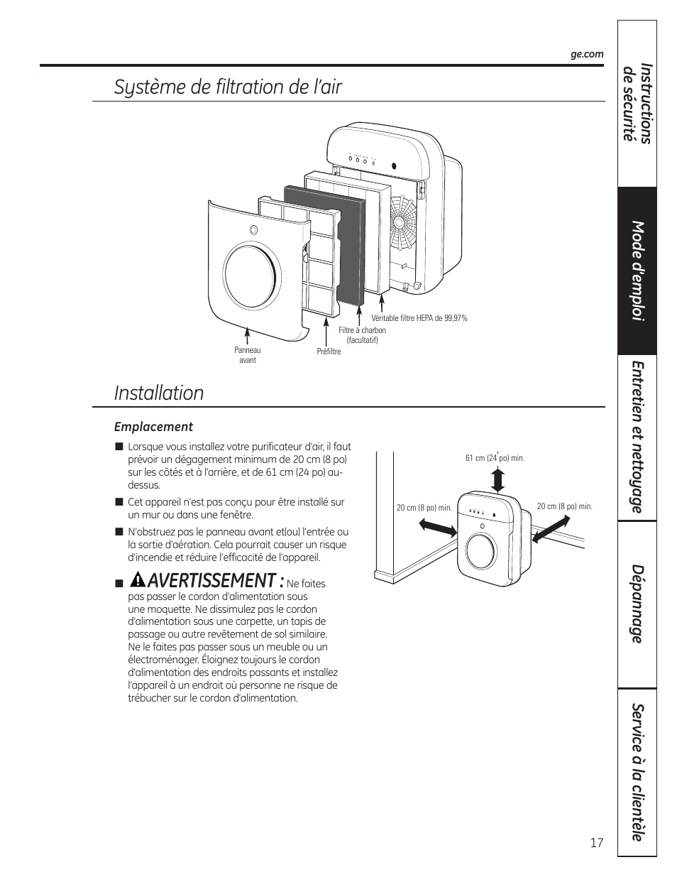 Avertissement, Système de filtration de l’air, Installation | GE AFHC09AM User Manual | Page 17 / 36