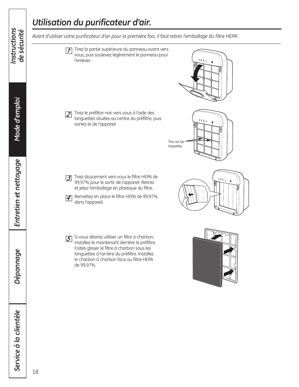 Utilisation du purificateur d’air, Utilisation du purificateur d’air , 19 | GE AFHC09AM User Manual | Page 18 / 36