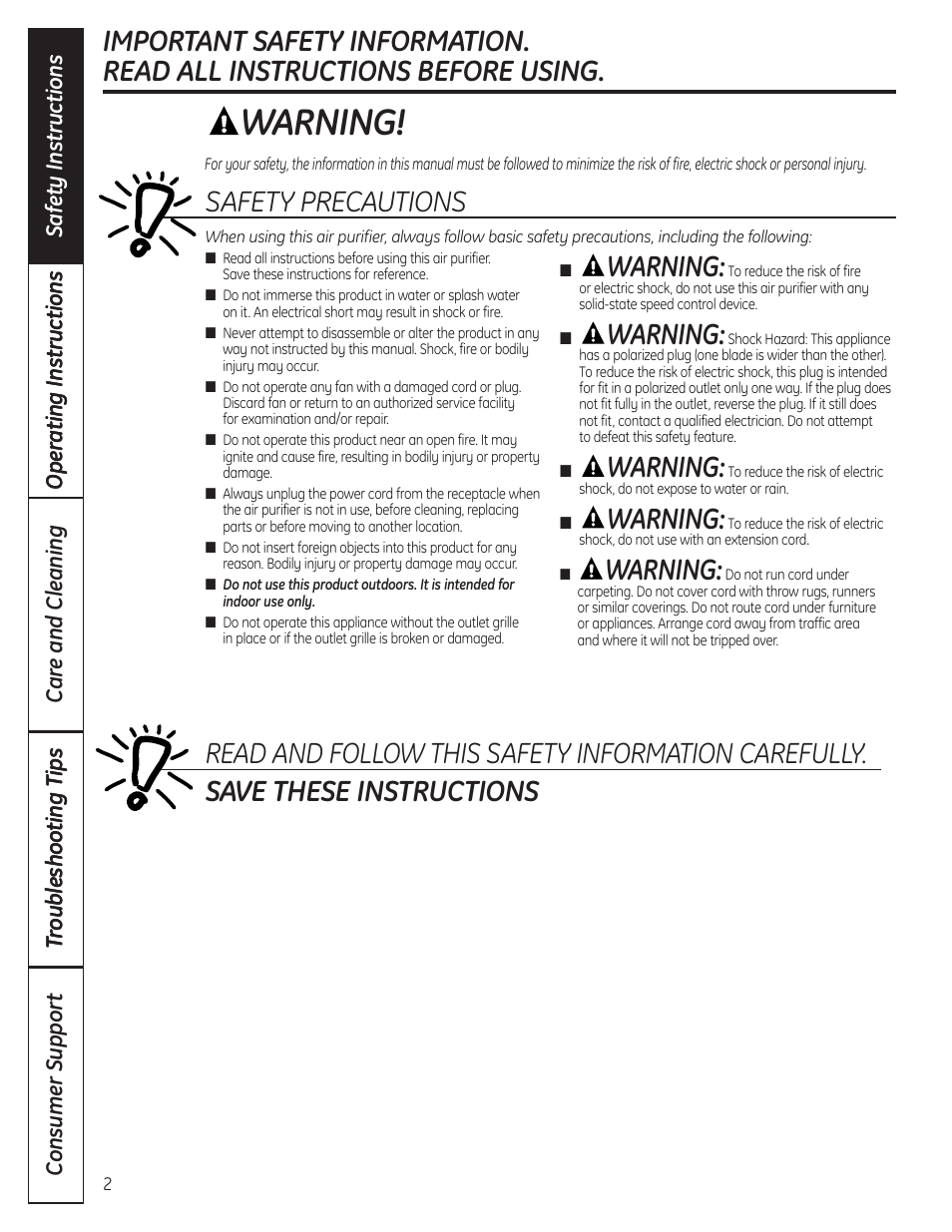 Safety instructions, Warning, Safety precautions | GE AFHC09AM User Manual | Page 2 / 36