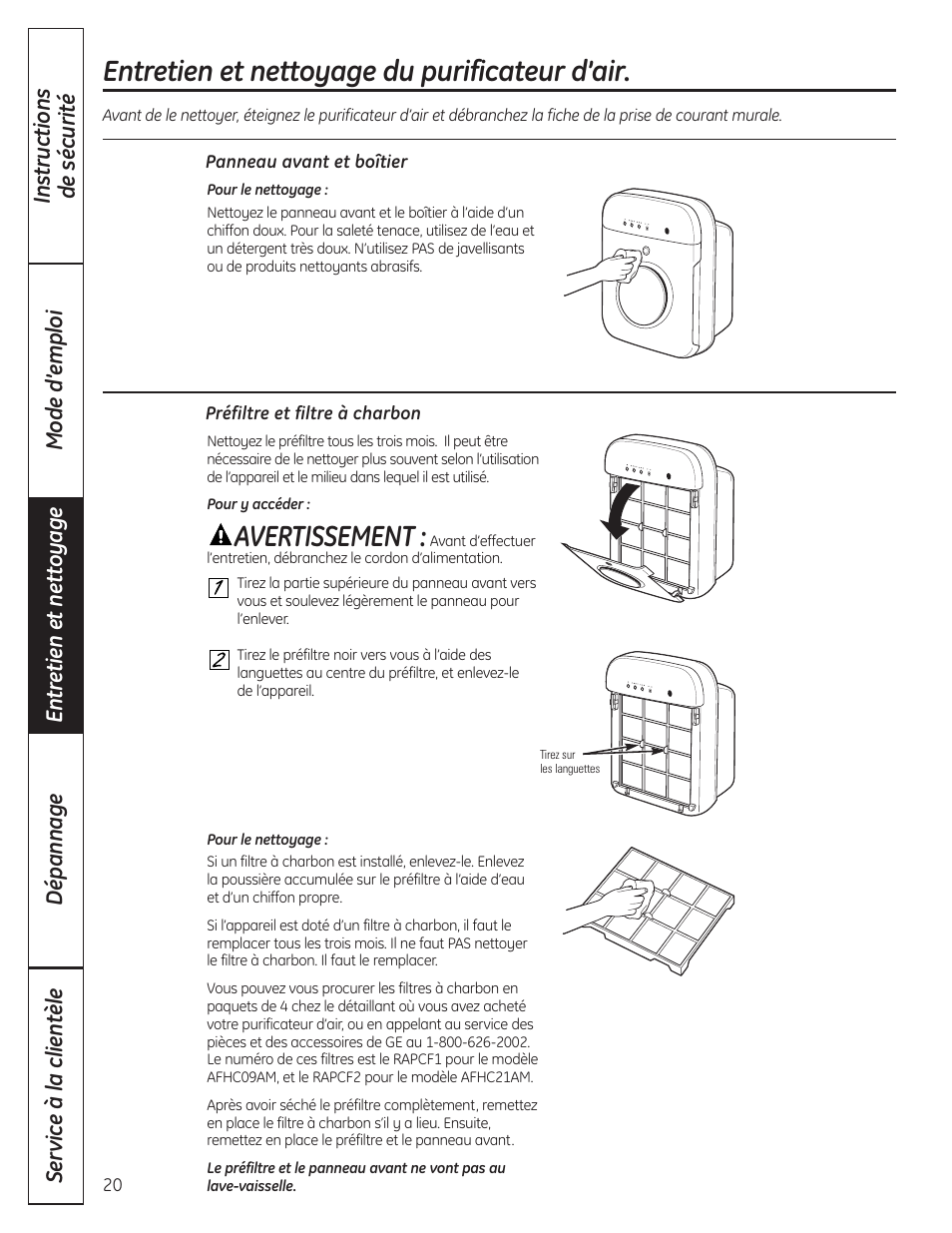 Panneau avant et boîtier, Préfiltre et filtre à charbon, Entretien et nettoyage du purificateur d’air | Avertissement | GE AFHC09AM User Manual | Page 20 / 36