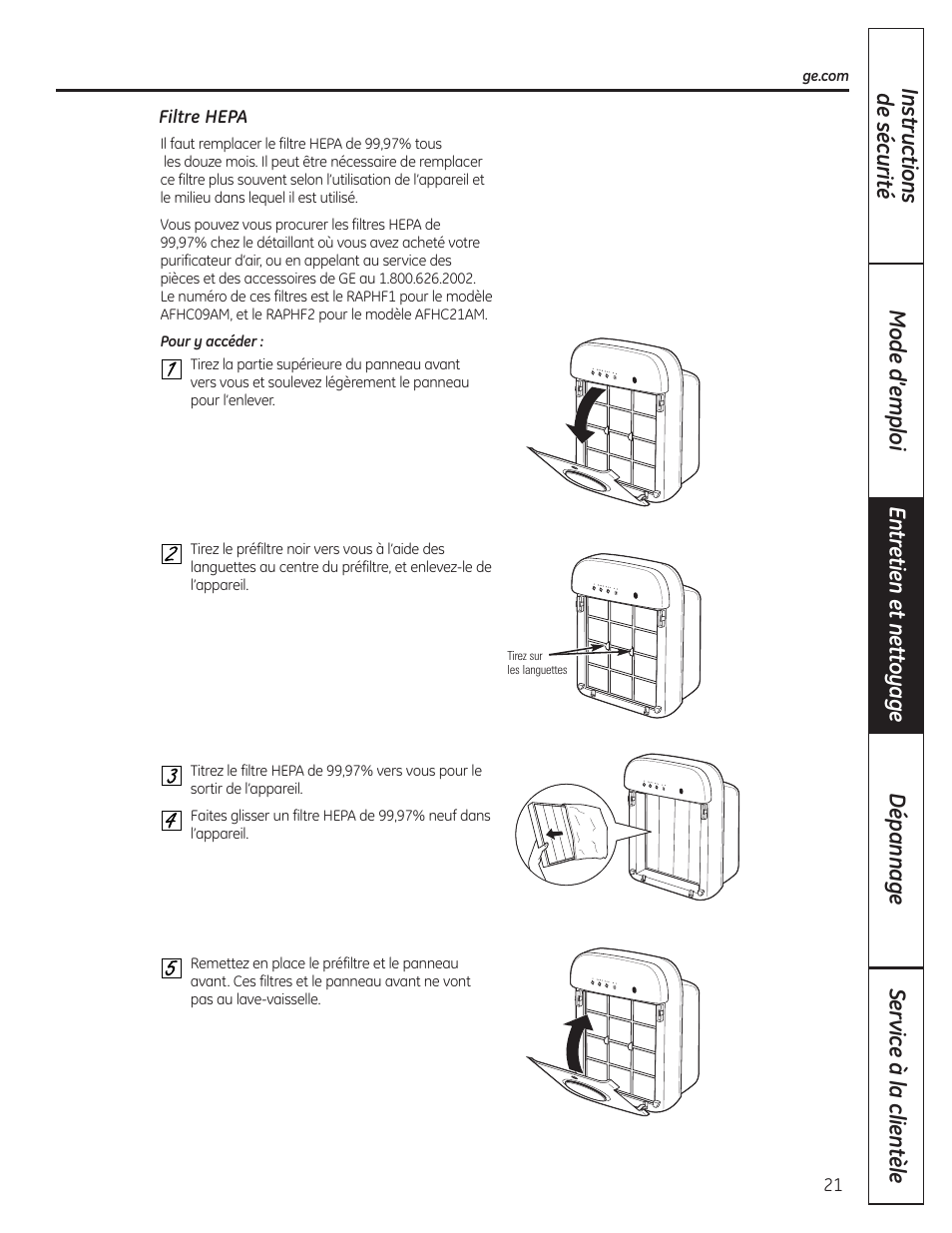 Filtre hepa | GE AFHC09AM User Manual | Page 21 / 36