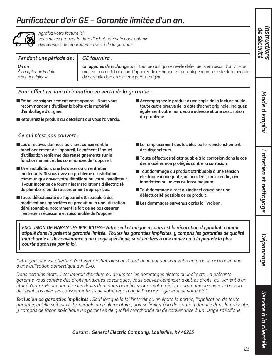 Garantie, Purificateur d’air ge – garantie limitée d’un an | GE AFHC09AM User Manual | Page 23 / 36