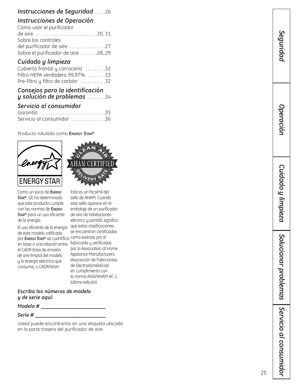 Spanish, Instrucciones de operación, Cuidado y limpieza | Servicio al consumidor, Instrucciones de seguridad | GE AFHC09AM User Manual | Page 25 / 36