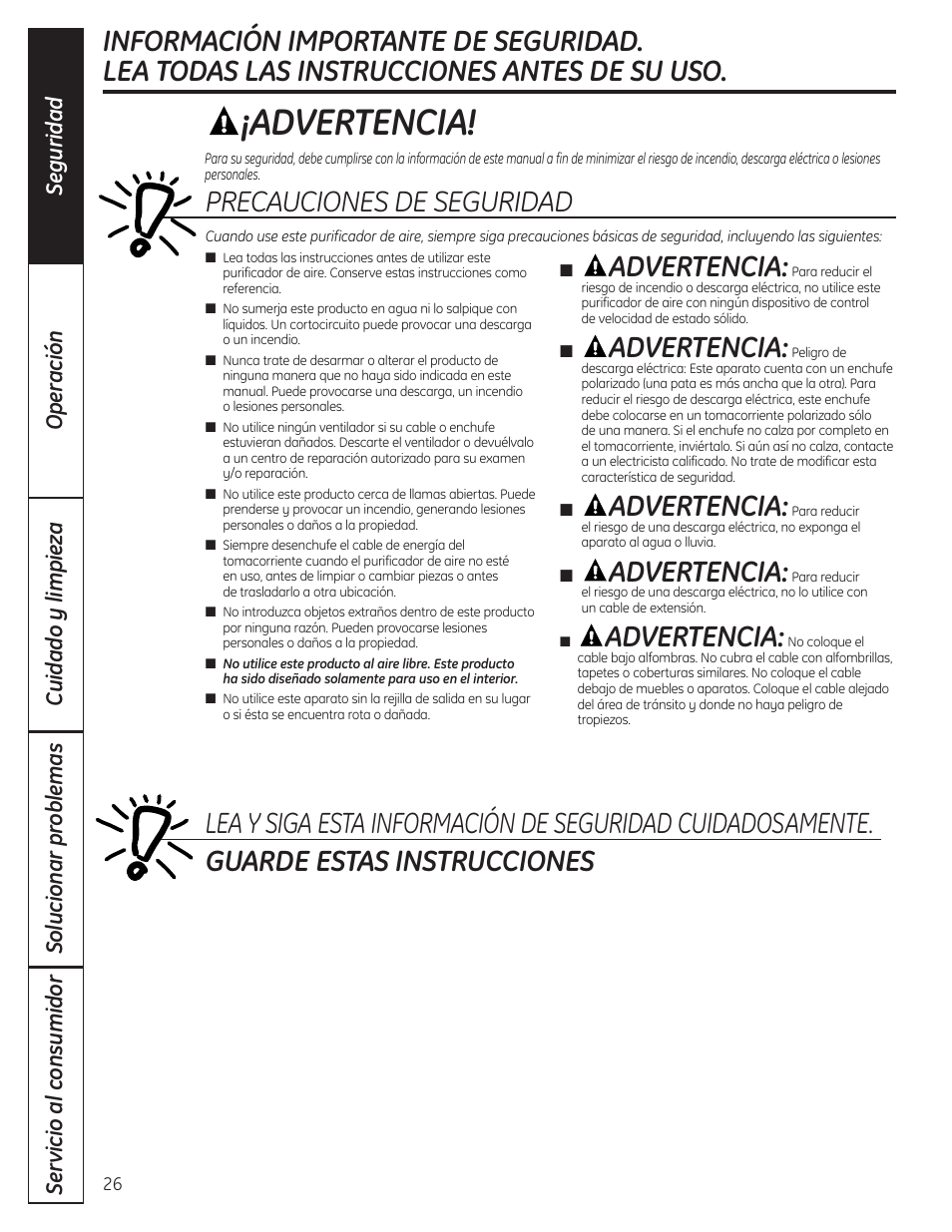 Instrucciones de seguridad, Advertencia, Precauciones de seguridad | GE AFHC09AM User Manual | Page 26 / 36