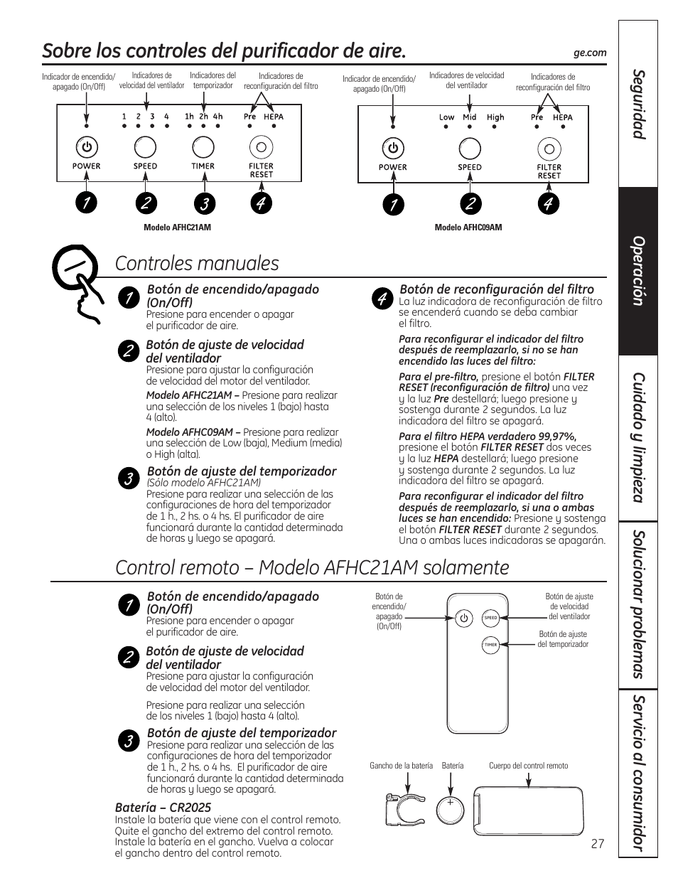 Sobre los controles del purificador de aire | GE AFHC09AM User Manual | Page 27 / 36