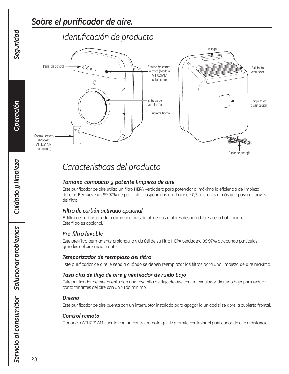 Sobre el purificador de aire, Sobre el purificador de aire , 29, Identificación de producto | GE AFHC09AM User Manual | Page 28 / 36