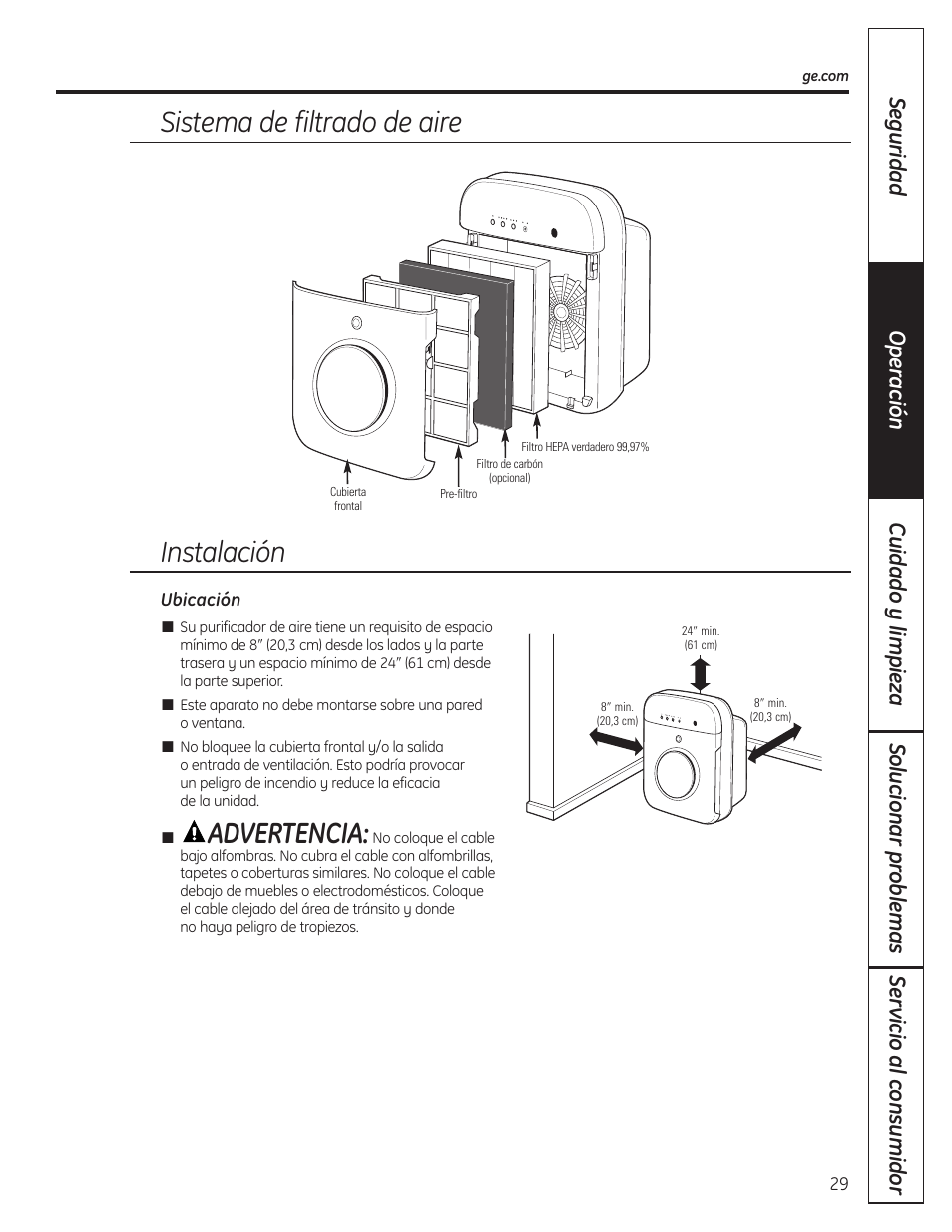 Advertencia, Sistema de filtrado de aire, Instalación | GE AFHC09AM User Manual | Page 29 / 36