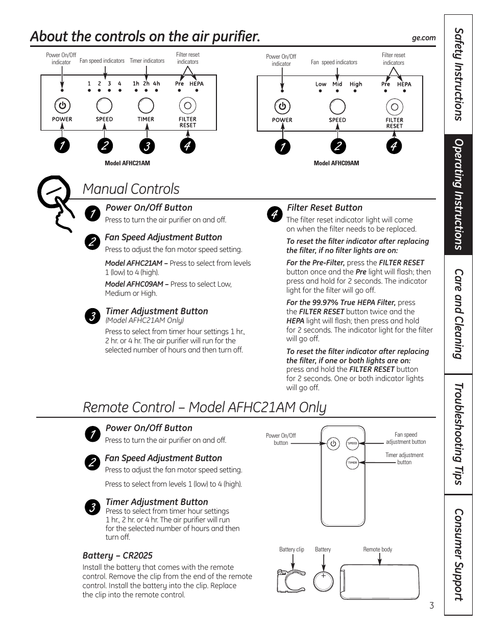 About the controlson the air purifier, About the controls on the air purifier | GE AFHC09AM User Manual | Page 3 / 36