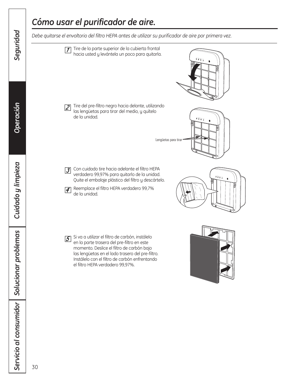 Cómo usar el purificadorde aire, Cómo usar el purificador de aire , 31, Cómo usar el purificador de aire | GE AFHC09AM User Manual | Page 30 / 36