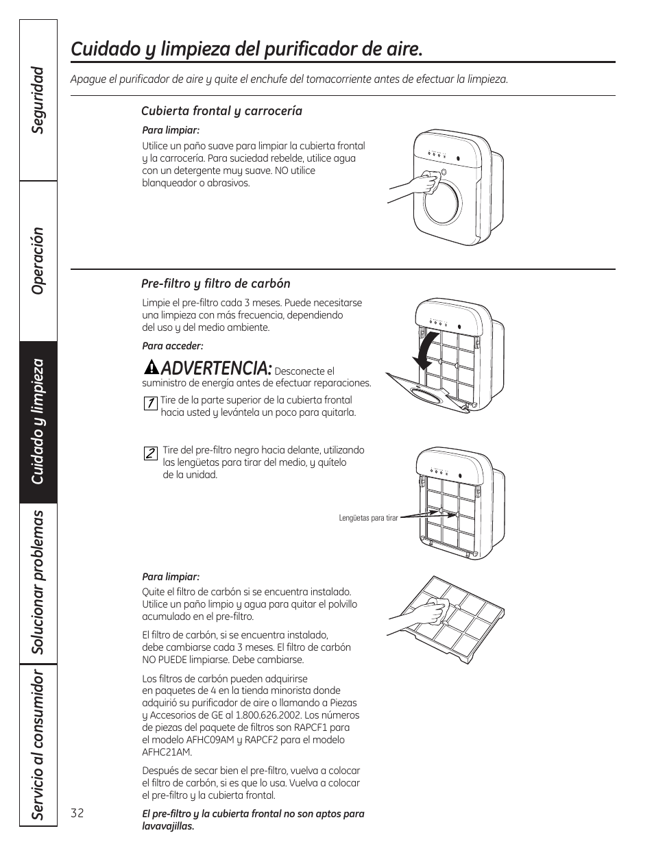 Cubierta frontal y carrocería, Pre-filtro y filtro de carbón, Cuidado y limpieza del purificador de aire | Advertencia | GE AFHC09AM User Manual | Page 32 / 36