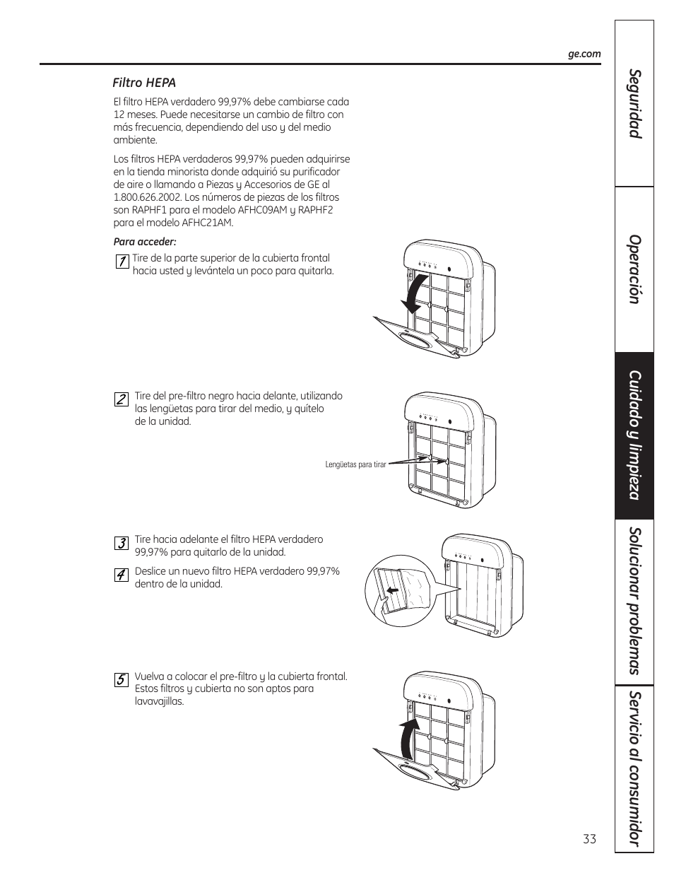 Filtro hepa verdadero 99,97 | GE AFHC09AM User Manual | Page 33 / 36