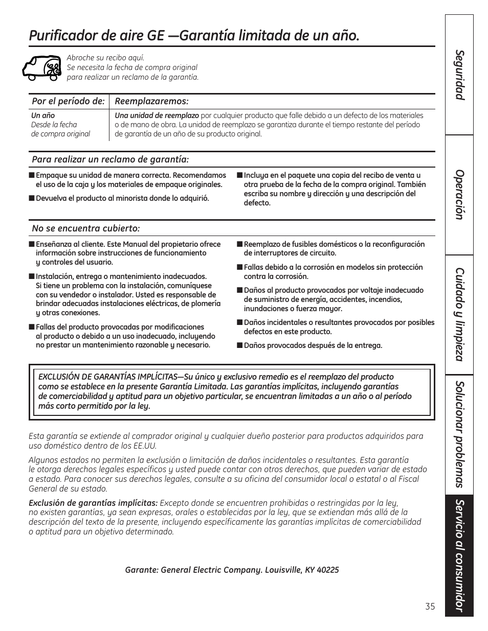 Garantía | GE AFHC09AM User Manual | Page 35 / 36